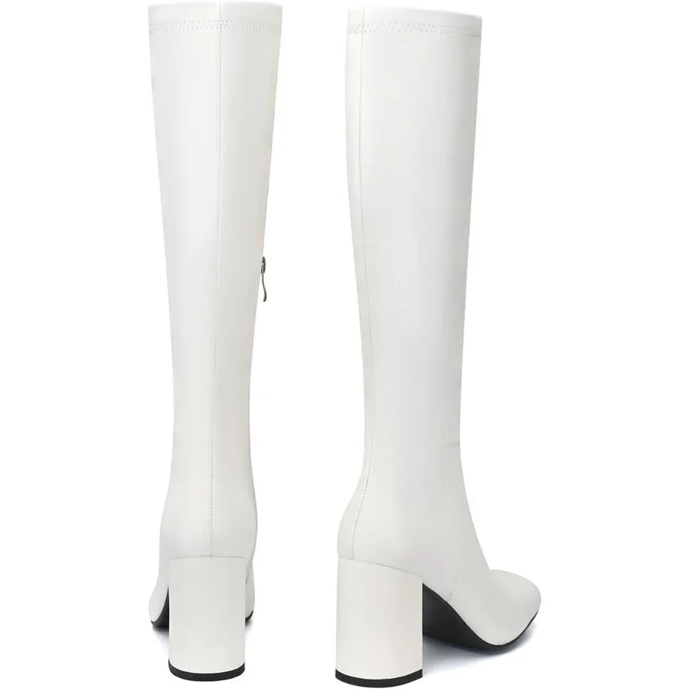 Women's Faux Leather White Square Toe Knee High Chunky Heel Side Zip Tall Boots